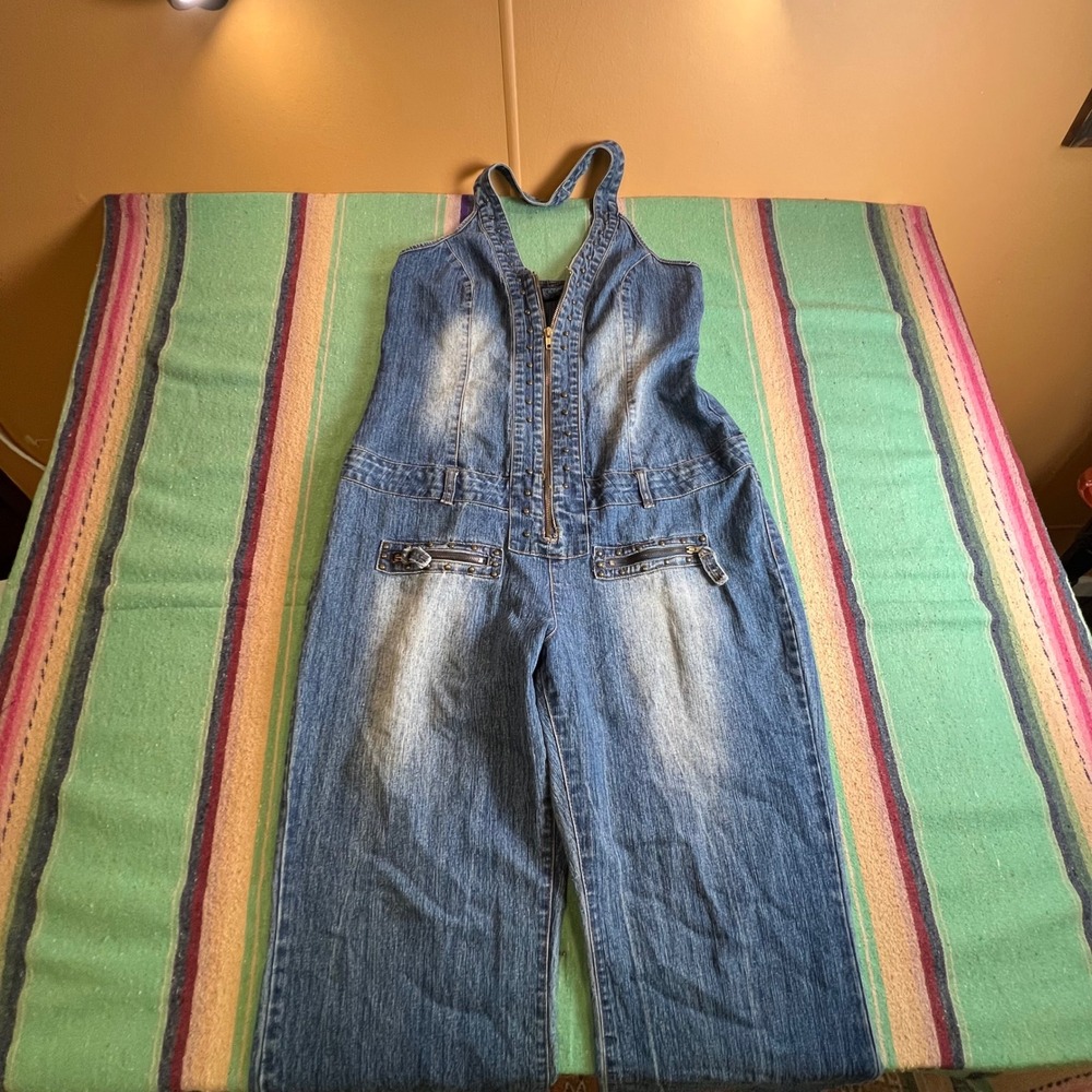 Jamie Nicole Jumpsuit Women 14 Blue Denim Halter Wide Leg Studded Y2K Moto Zips